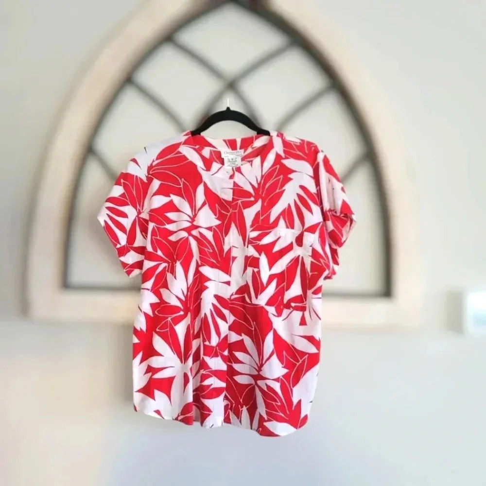 *VINTAGE* CHRISTIAN DIOR CHEMISES 100% Cotton Red & White Palm Print Blouse Sz 8